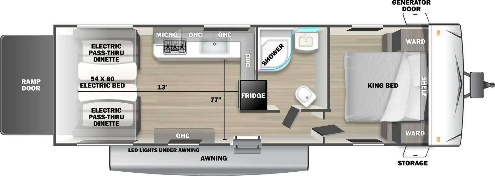 The 2550RLX travel trailer has no slide outs, 1 entry door and 1 rear ramp door. Exterior features include an awning with LED lights, front door side storage and front off-door side generator door. Interior layout from front to back includes: front bedroom with foot-facing King bed, shelf over the bed, and front corner wardrobes; off-door side bathroom with shower, linen storage, toilet and single sink vanity; off-door side kitchen with L-shaped countertop, overhead microwave, overhead cabinets, sink and refrigerator; door side overhead cabinet; rear 54 x 80 electric bed over electric pass-through dinette. Cargo length from rear of unit to refrigerator is 13 ft. Cargo width from kitchen countertop to door side wall is 77 inches.